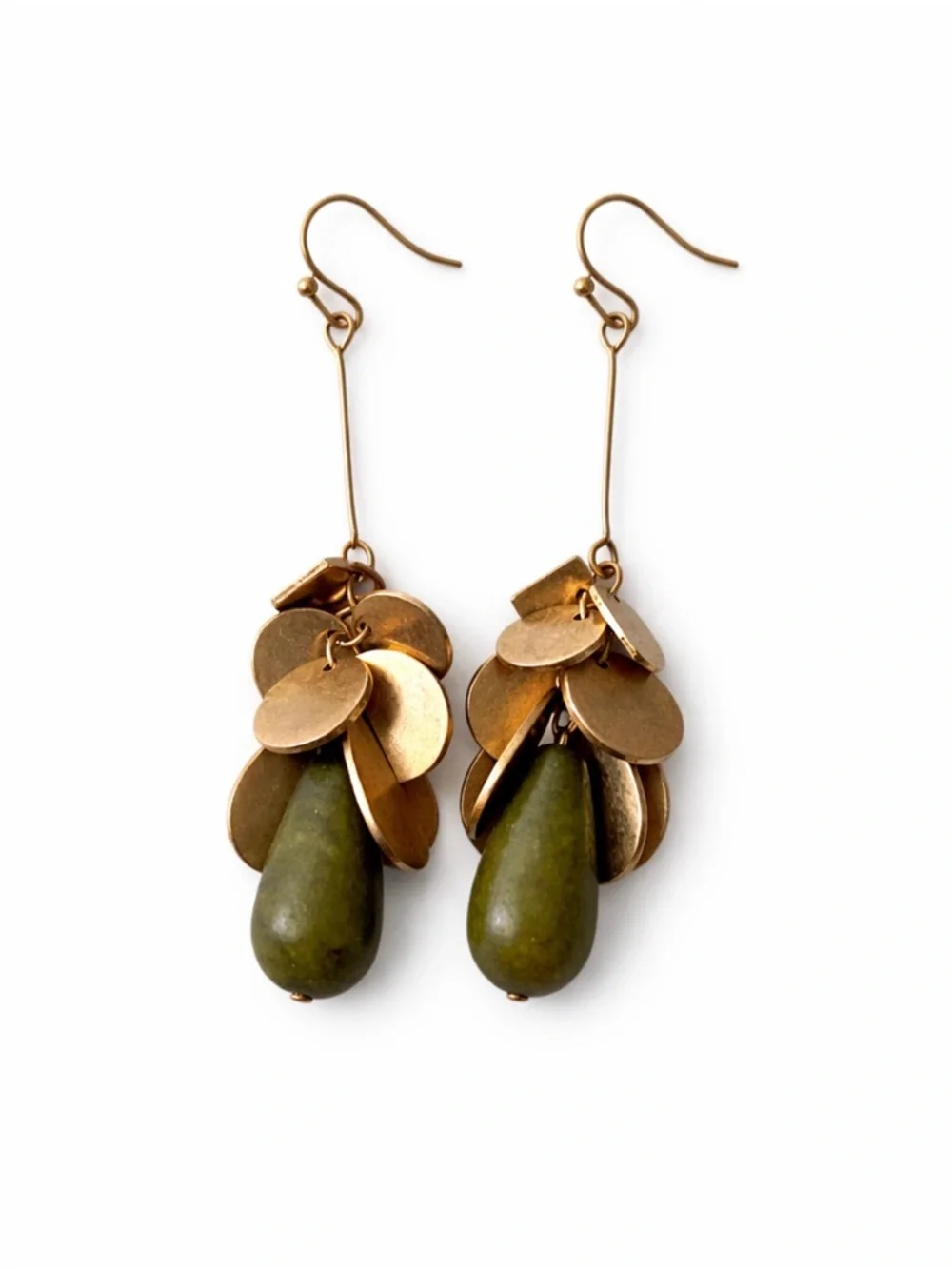 Boho Gold Tone Disc & Olive Stone Dangle Earrings Statement Drop Earrings - Picture 1 of 6
